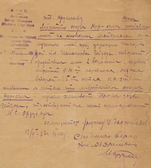 Ü.Hacıbəylinin Kruqlyakova məktubu.<br>13 may 1937.
