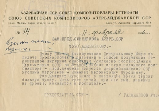 Ü.Hacıbəylinin Əzizbəyova məktubu. 11 fevral 1946